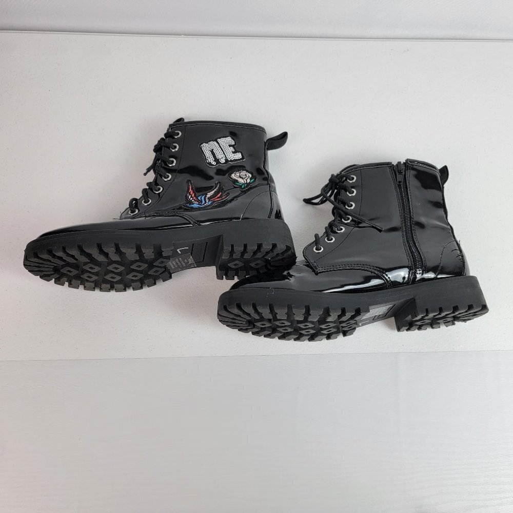 UNIONBAY Kids Ankle Boots Black Faux Patent Leather Lace Up Zip Size 2.5 M